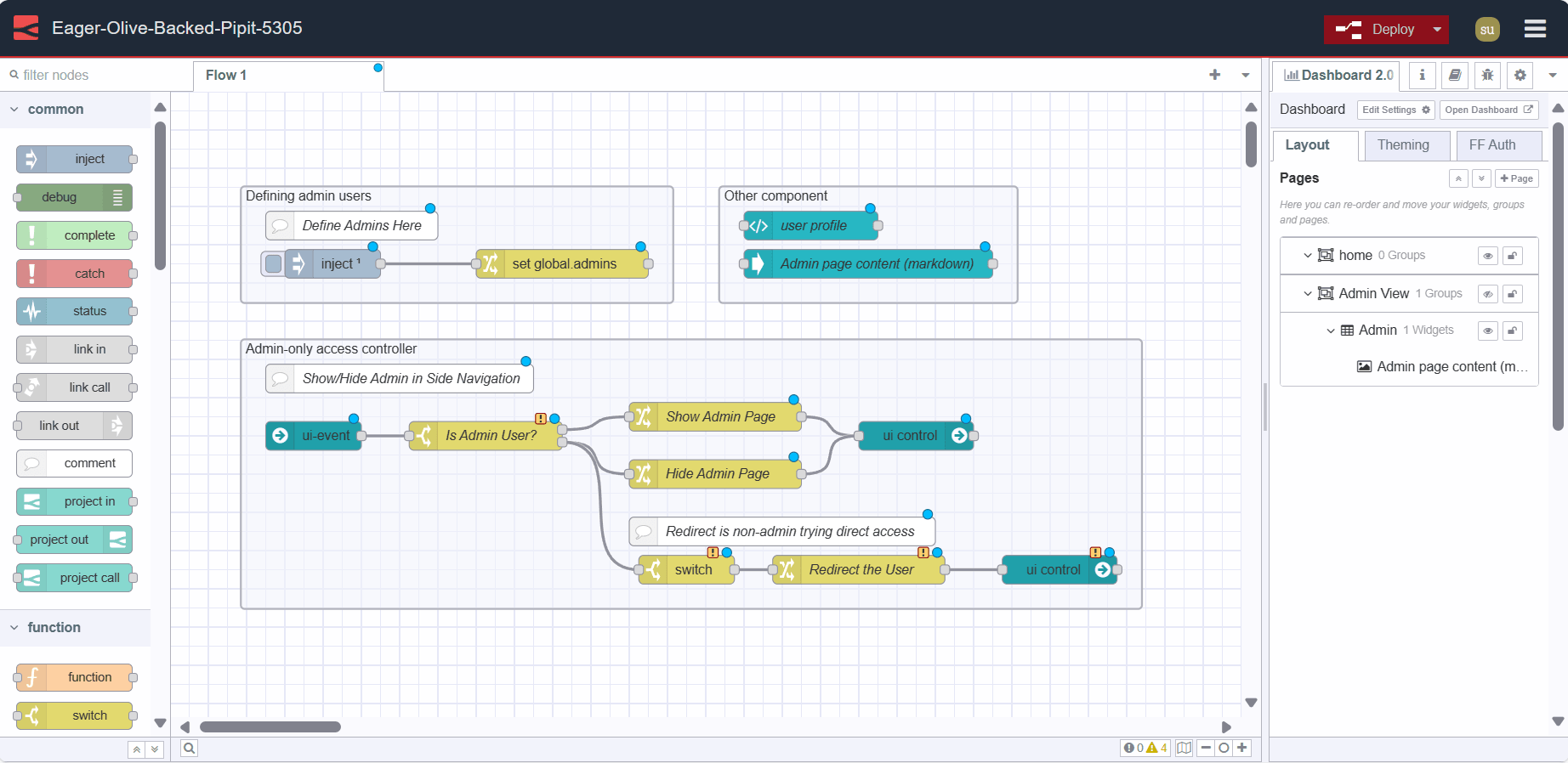 "Screenshot displaying the FlowFuse Editor with flow of admin-only page"