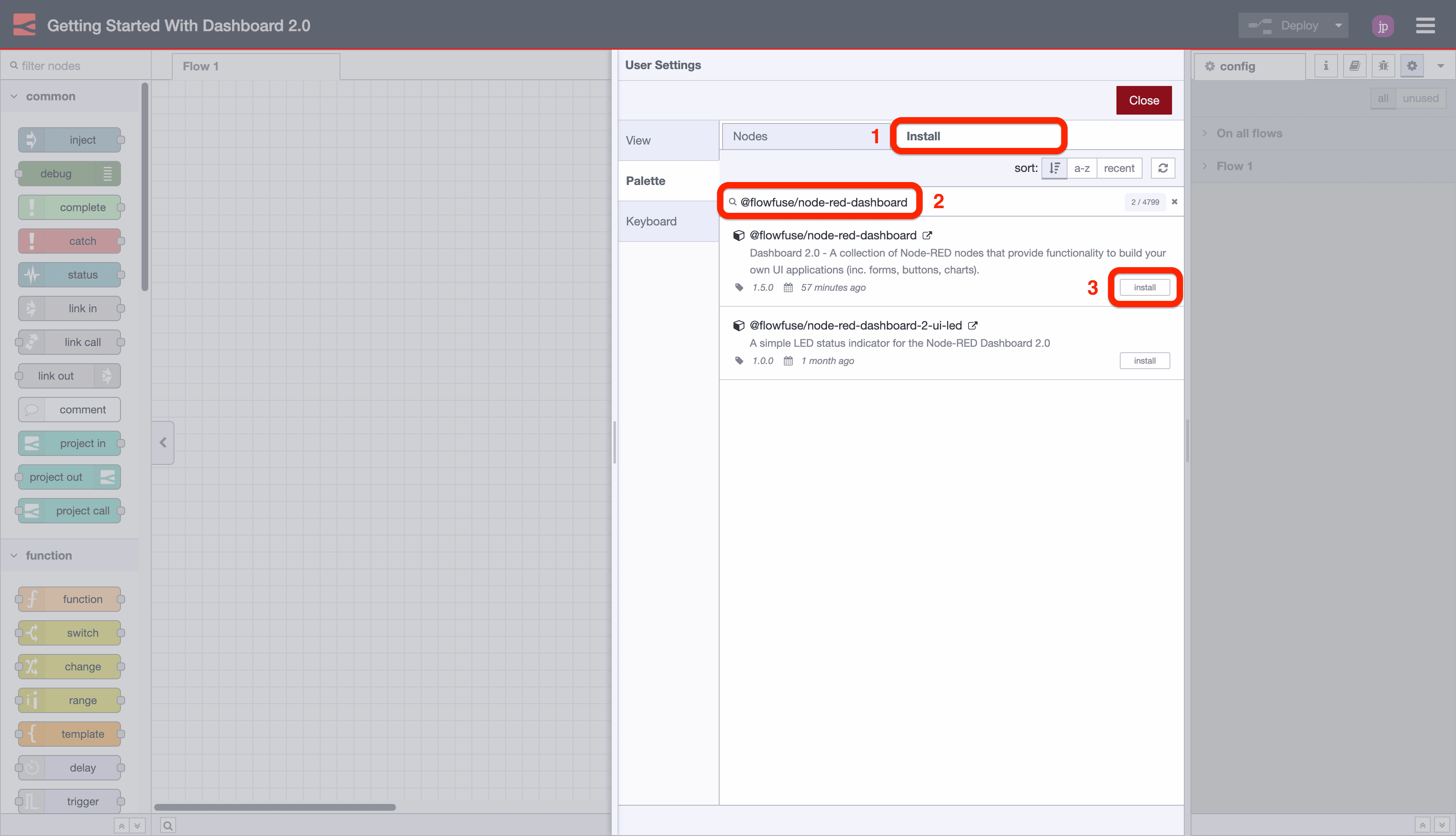 Screenshot to show where to find the "Install" tab, and how to find @flowfuse/node-red-dashboard