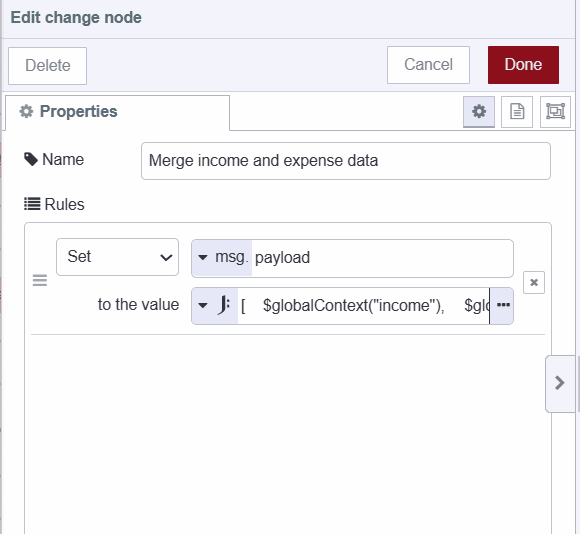 "Screenshot displaying the change node setting JSON expression to payload for retrieving and sorting data."